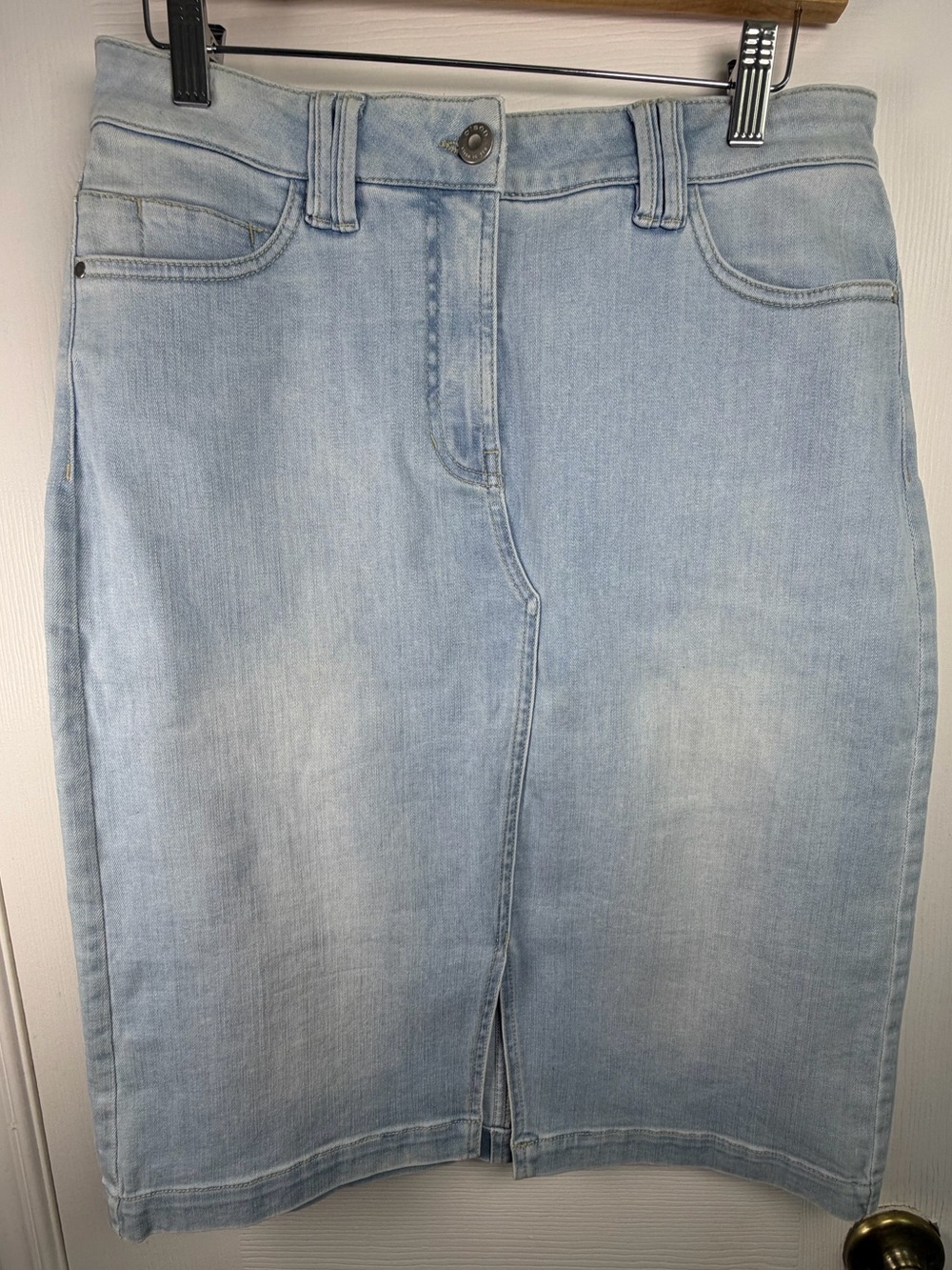 Olsen Light Blue Denim Midi Skirt Women's Size 8 Front Slit Stretch Classic